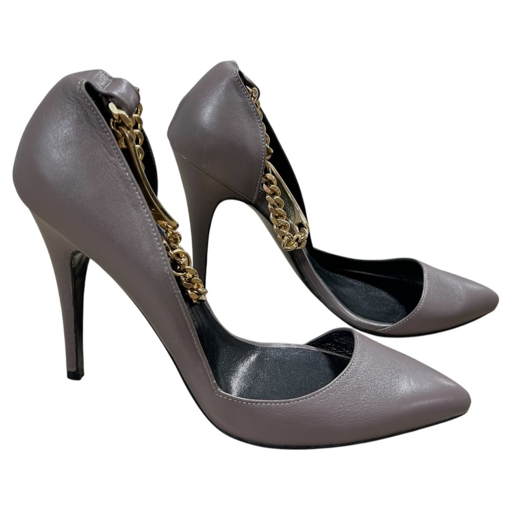 THOMAS WYLDE Women's Grey Leather Pointed Toe Stiletto Heels Gold Chain Detail 9